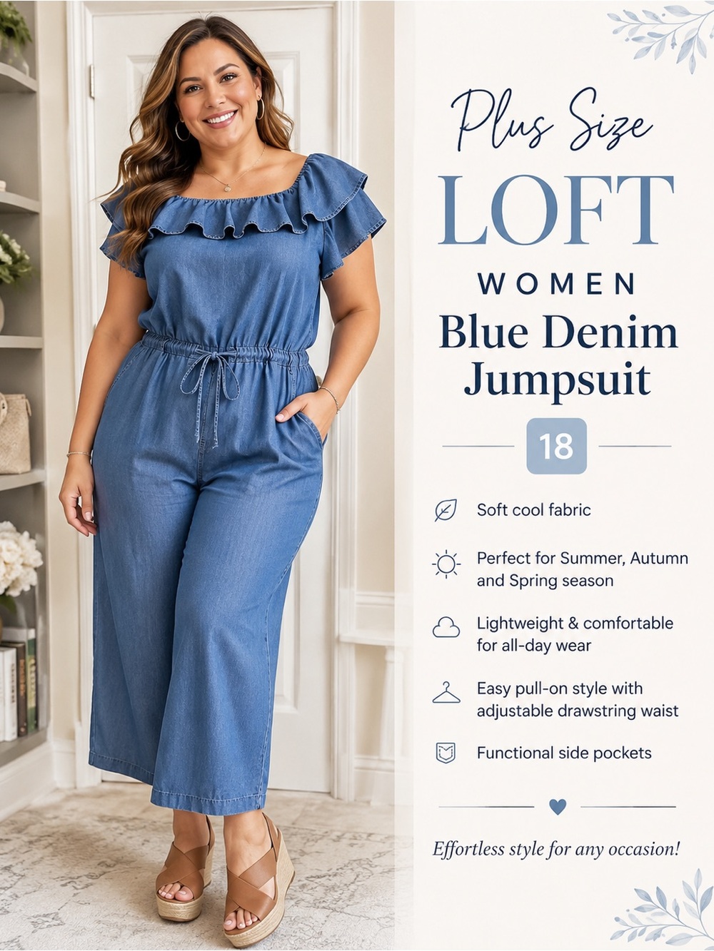 LOFT Plus Size Blue Denim Jumpsuit - Drawstring Waist - 18